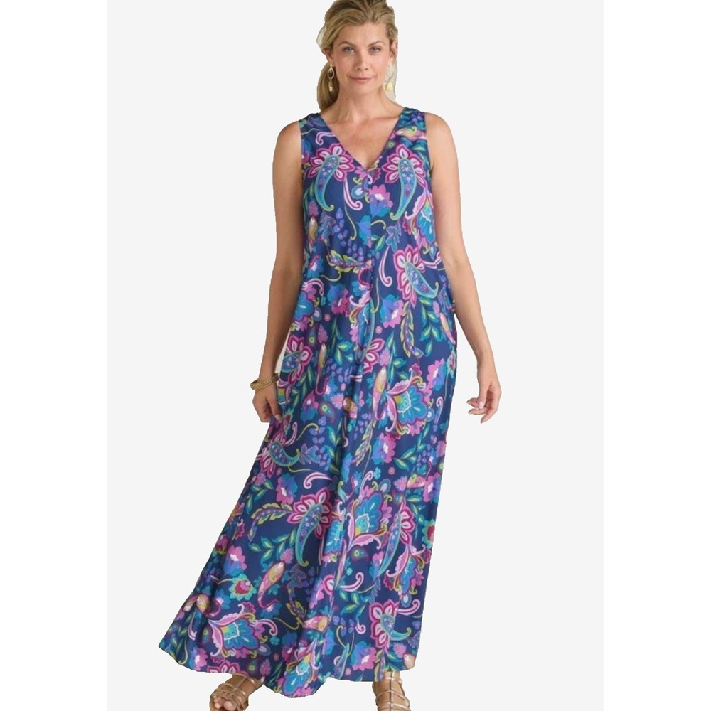 Soft Surroundings Rosalia Maxi Dress Sz 3X Paisley V Neck Floral Pockets Resort
